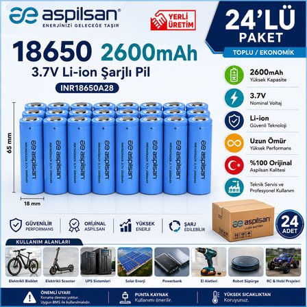 Aspilsan 18650 2600mAh 3.7V Li-ion Şarjlı Pil 24'lü Paket | INR18650A28 Orijinal Lityum İyon Batarya | E-Bisiklet, Scooter, UPS, Solar ve Powerbank İçin