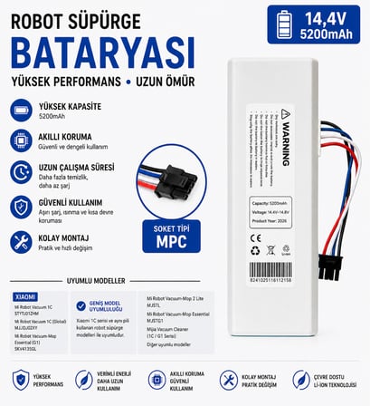 Xiaomi Mi Robot Vacuum-Mop 1C 2in1 Uyumlu Robot Süpürge Bataryası 14.4V 5200mAh Li-ion