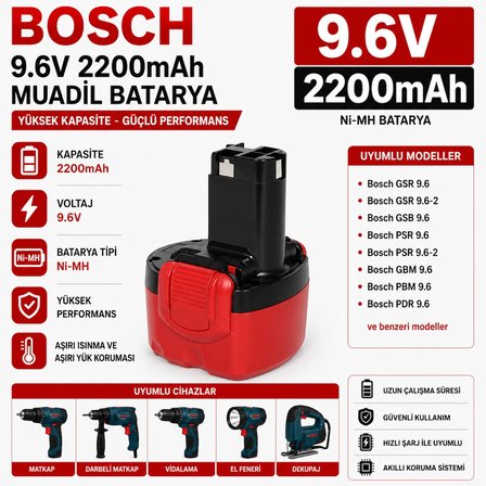 BOSCH PSR 960, PSR 9.6 VE-2 ile Uyumlu Muadil Matkap Bataryası