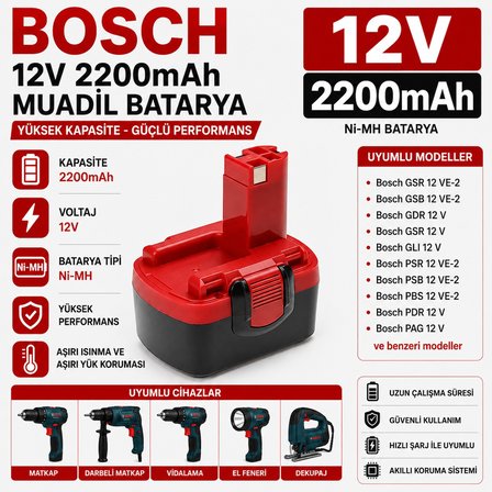 BOSCH GSR 12V, JAN-55, PAG 12, PSB 12 VE-2, PSR 12 ile Uyumlu Muadil Matkap Bataryası