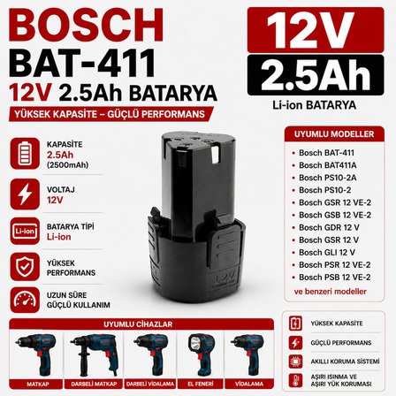 BOSCH GSR 10.8-LI, GSR 10.8 V-LI, GSR 10.8-2-LI ile Uyumlu Muadil Matkap Bataryası