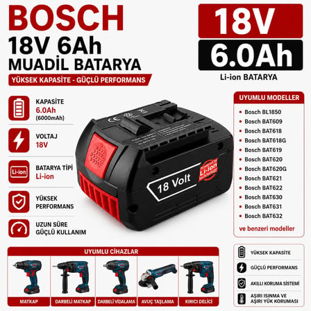 BOSCH GSR 18 V-LI, GSR 18-2-LI, GSR 18 VE-2-LI ile Uyumlu Muadil Matkap Bataryası
