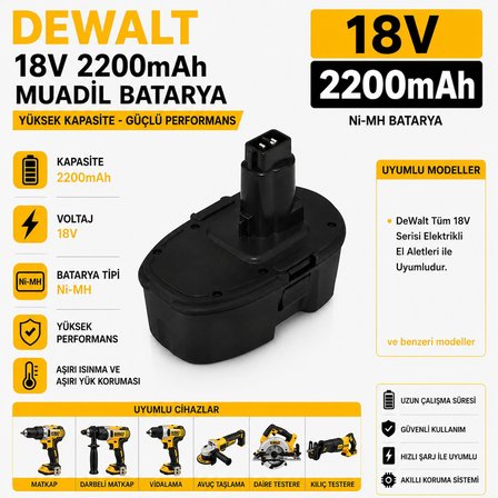 DEWALT DC998KB, DCD690KL, DCD760B, DCD775B ile Uyumlu Muadil Matkap Bataryası