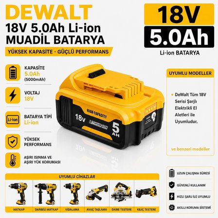 DEWALT DCH263, DCH274, DCH293, DCH273 ile Uyumlu Muadil Matkap Bataryası