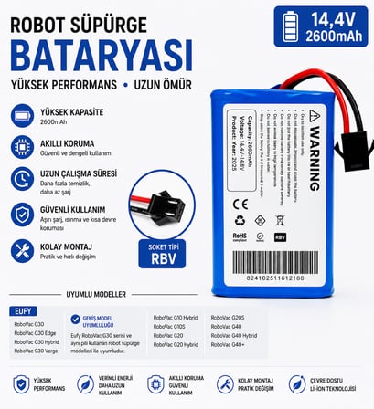 Anker Eufy RoboVac G20 Uyumlu Robot Süpürge Bataryası 14.4V 2600mAh Li-ion