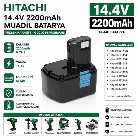 HITACHI 14.4v 2200mah EB14H, EB14S ile Uyumlu Muadil Matkap Bataryası