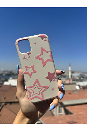 İnfinix Hot 20İ Uyumlu Pembe Yıldızlar Tasarımlı Telefon Kılıfı - Krem