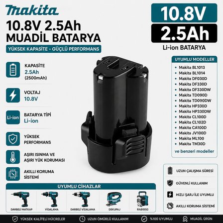Makita CL100D, CL100DW, CL100DZ, CL102D ile Uyumlu Muadil Matkap Bataryası