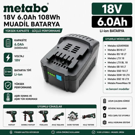 METABO GPA18LTX, HO18LTX, KHA18LTX, KPA18LTX ile Uyumlu Muadil Matkap Bataryası