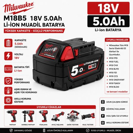 MILWAUKEE M18B5, 48-11-1850, 2760-20, 2854-20 ile Uyumlu Muadil Matkap Bataryası