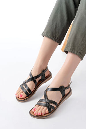 205-05 Siyah Ortopedik Hakiki Deri Kadın Sandalet