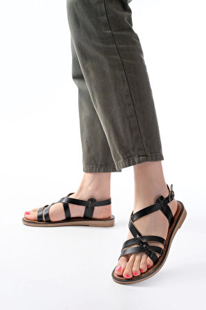 205-05 Siyah Ortopedik Hakiki Deri Kadın Sandalet