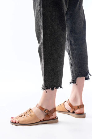 205-029 Bej Ortopedik Hakiki Deri Kadın Sandalet