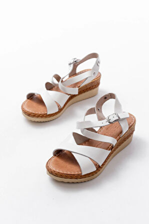 731-045 Beyaz Çapraz Hakiki Deri Dolgu Topuklu Günlük Kadın Sandalet