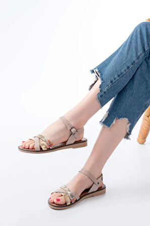 205-015 Bej Garni Ortopedik Hakiki Deri Kadın Sandalet