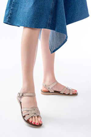 205-030 Bej Hakiki Deri Ortopedik Taban Kadın Sandalet