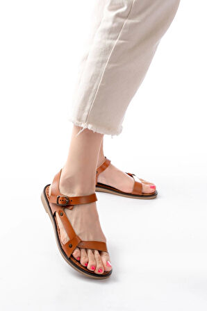 205-090 Taba  Hakiki Deri Tokalı Kadın Sandalet