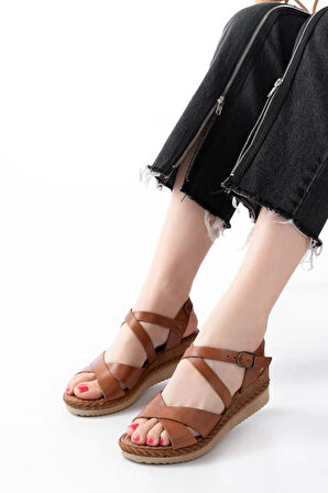 731-045 Taba Çapraz Hakiki Deri Dolgu Topuklu Günlük Kadın Sandalet