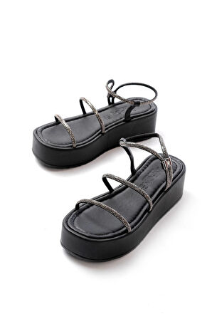 861-1008 Siyah Platin Taşlı Dolgu Topuklu Kadın Sandalet