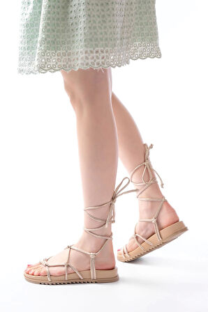 1001-1001 Rose  Bilekten Bağcıklı Kadın Sandalet