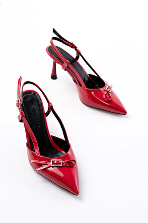 Kırmızı Rugan Günlük Arkası Açık Fiyonklu Topuklu Kadın Ayakkabı