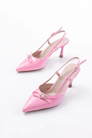 Pembe Rugan Günlük Arkası Açık Fiyonklu Topuklu Kadın Ayakkabı