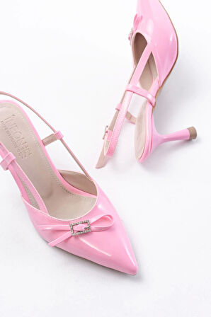 Pembe Rugan Günlük Arkası Açık Fiyonklu Topuklu Kadın Ayakkabı