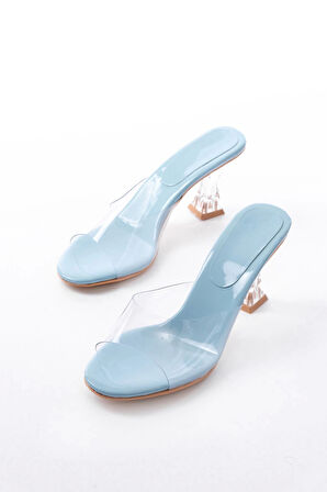 S-619 Bebe Mavi Rugan Şeffaf Bantlı Şeffaf Topuklu Yuvarlak Burunlu Kadın Terlik