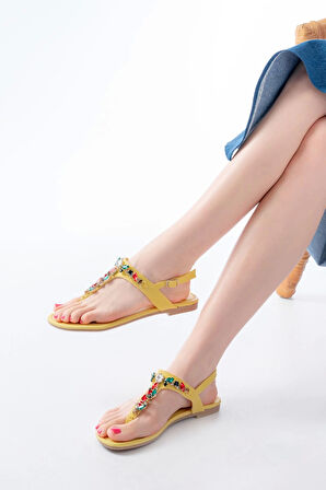 152-1110 Sarı Multi Taşlı Parmak Arası Kadın Sandalet