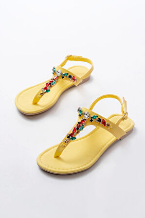152-1110 Sarı Multi Taşlı Parmak Arası Kadın Sandalet