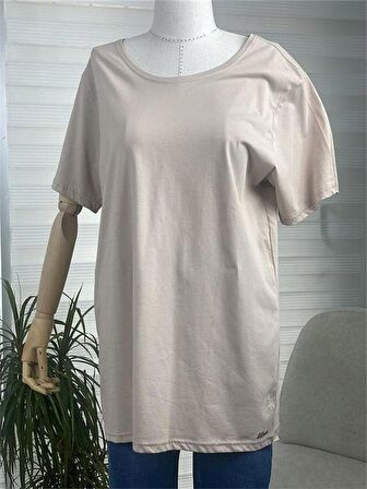 Basic Geniş Yaka Camel Tshirt 3XL-46