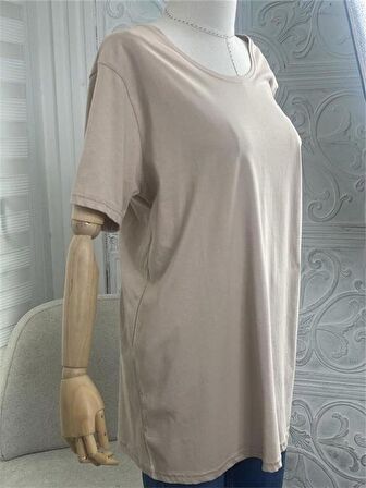 Basic Geniş Yaka Camel Tshirt 3XL-46