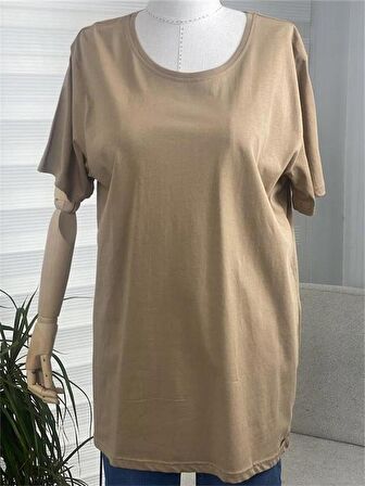 Basic Geniş Yaka Camel Tshirt 3XL-46