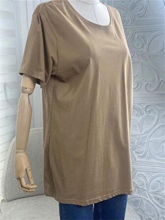 Basic Geniş Yaka Camel Tshirt 3XL-46