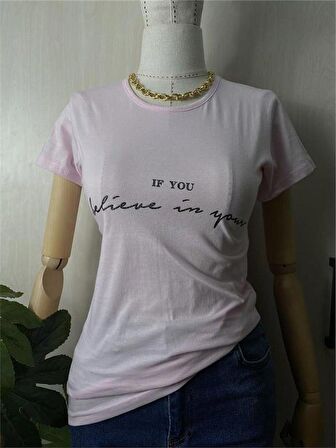 IF You Baskılı Açık Pembe Tshirt