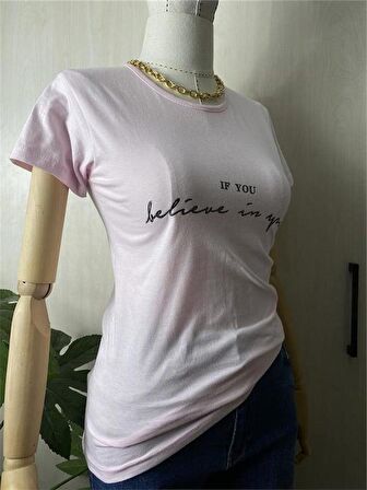 IF You Baskılı Açık Pembe Tshirt