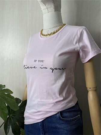 IF You Baskılı Açık Pembe Tshirt