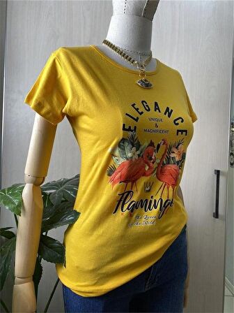 Flamingo Baskılı Sarı Tshirt