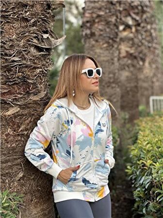 Renkli Desenli Mavi Sweatshirt