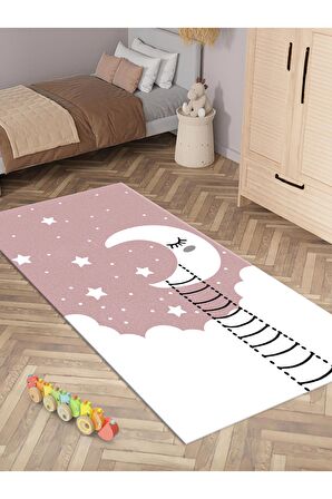 Yıldız ve Ay Desenli Halı Yıkanabilir Kaymaz Taban Çocuk Odası
