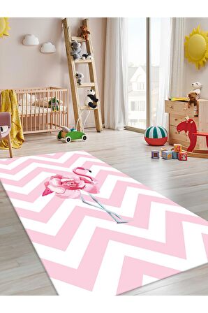Flamingo Çiçek Halısı Yıkanabilir Kaymaz Taban Çocuk Odası