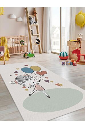 Balon Tutan Kız Halısı Yıkanabilir Kaymaz Taban Bebek ve Çocuk Odası