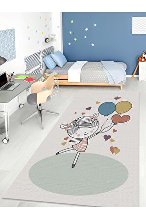 Balon Tutan Kız Halısı Yıkanabilir Kaymaz Taban Bebek ve Çocuk Odası