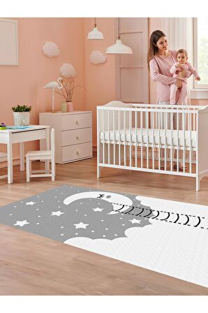 Sevimli Ay Halısı Yıkanabilir Kaymaz Taban Bebek ve Çocuk Odası