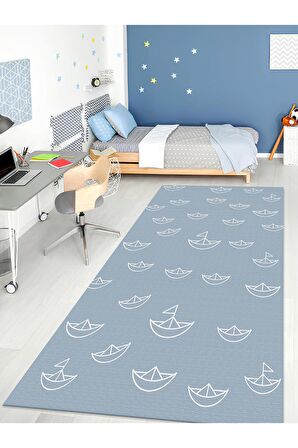 Gemi Desenli Halı Yıkanabilir Kaymaz Taban Bebek ve Çocuk Odası