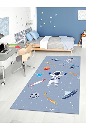 Astronot Halısı Yıkanabilir Kaymaz Taban Çocuk Odası