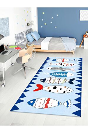 Balık Desenli Halı Yıkanabilir Kaymaz Taban Çocuk Odası