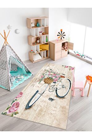 Çiçekli Bisiklet Desenli Halı Yıkanabilir Kaymaz Taban Çocuk Odası