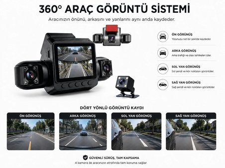 4 Kameralı Full HD 170° Geniş Açılı Araç Kamera Sistemi Kesintisiz Döngü Kayıtlı Araç Kamerası