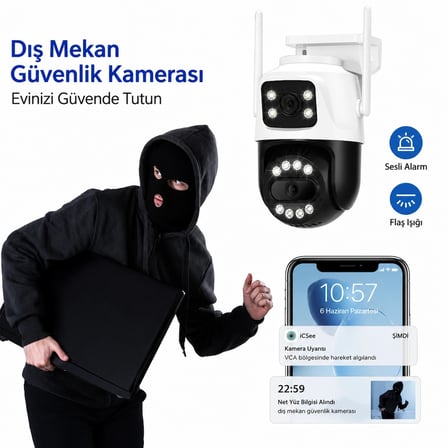 6MP Çift Lens WiFi IP Güvenlik Kamerası 360° PTZ Hareket Takipli Gece Görüşlü IP66 Su Geçirmez Sesli Alarm 2 Yönlü Konuşma
